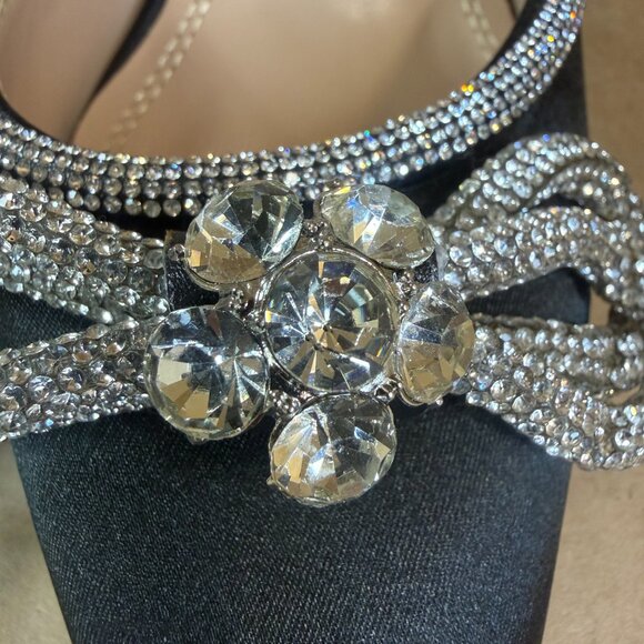 Hayixia Black Satin Rhinestone Bow Pointed Toe Ankle Strap Kitten Heels Sz. 7.5 - Picture 4 of 15